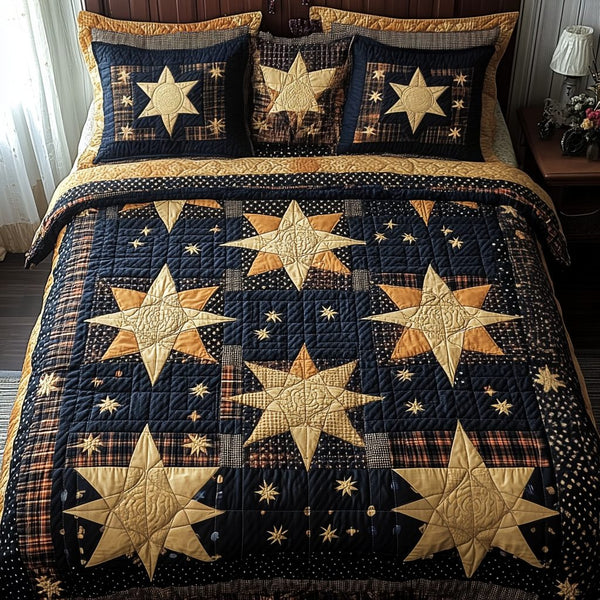 Midnight Star quilted 3-piece bedding set on a made bed with two matching pillow shams
