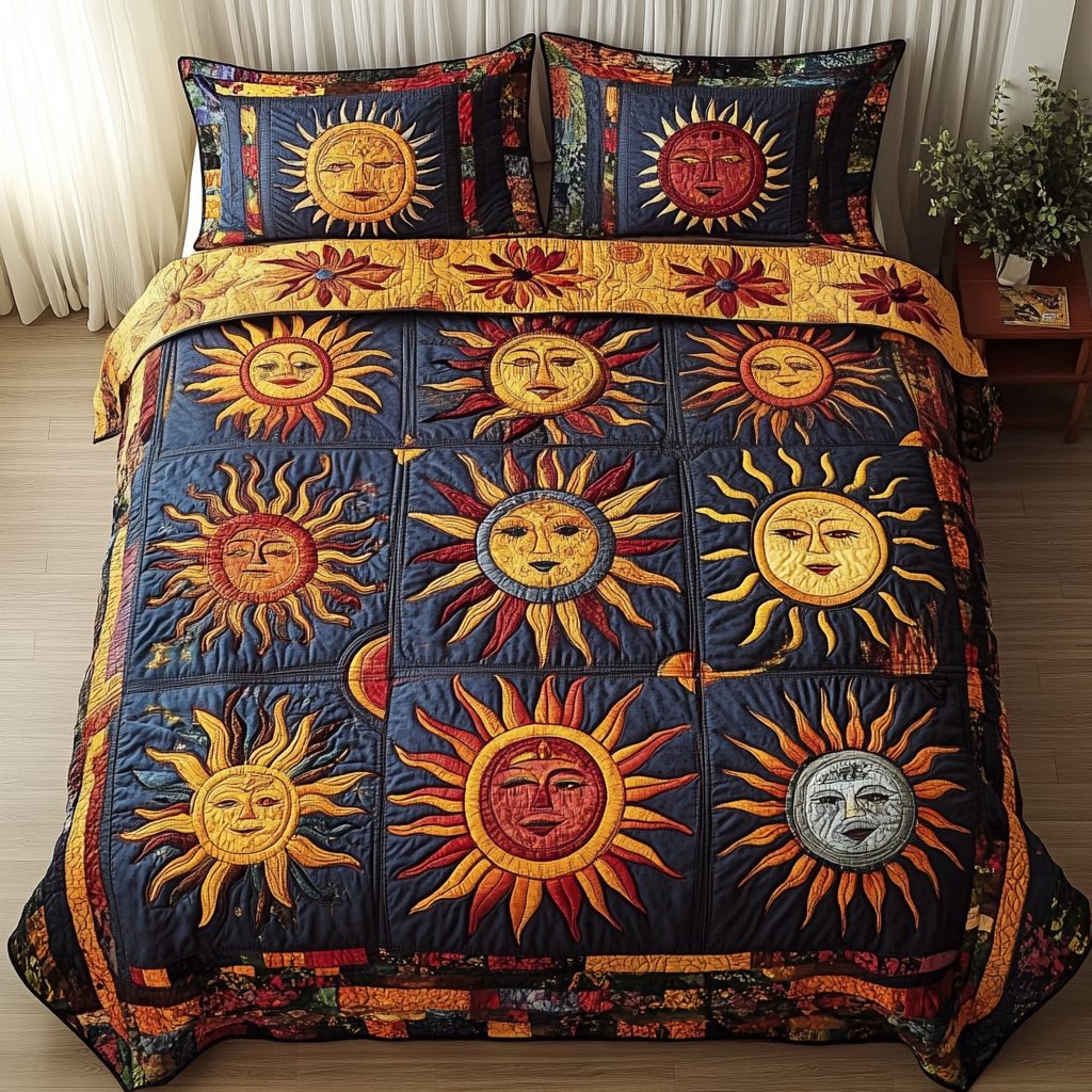 Midnight Sun quilted 3-piece bedding set on a made bed with two matching pillow shams
