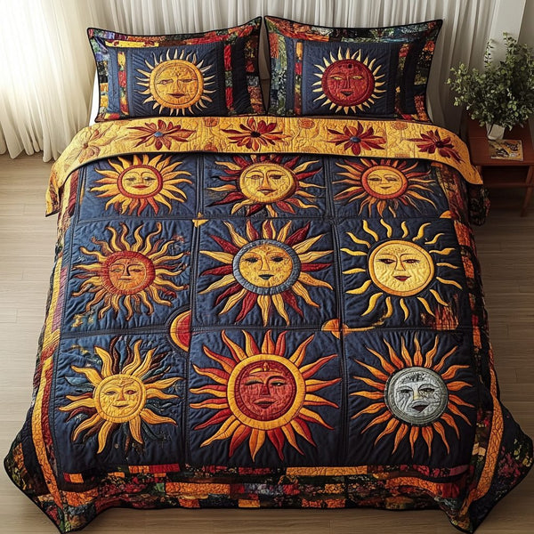Midnight Sun quilted 3-piece bedding set on a made bed with two matching pillow shams