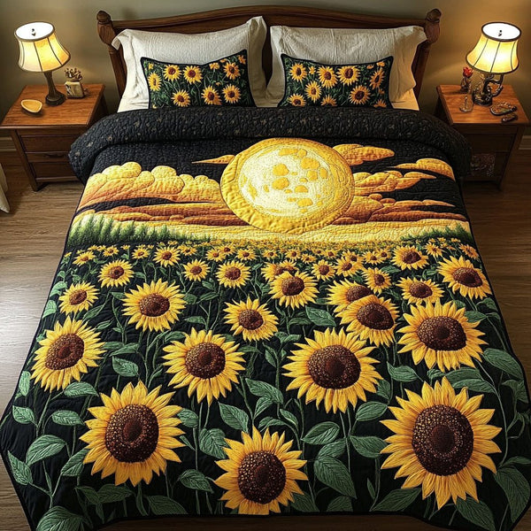 Midnight Sunfield quilted 3-piece bedding set on a made bed with two matching pillow shams