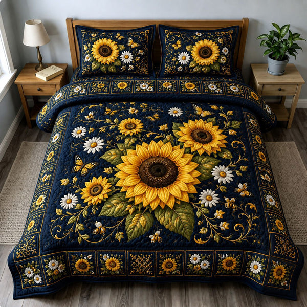 Midnight Sunflower Garden quilted 3-piece bedding set on a made bed with two matching pillow shams