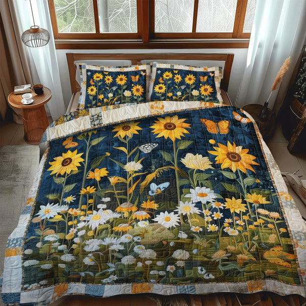 Midnight Sunflowers quilted 3-piece bedding set on a made bed with two matching pillow shams