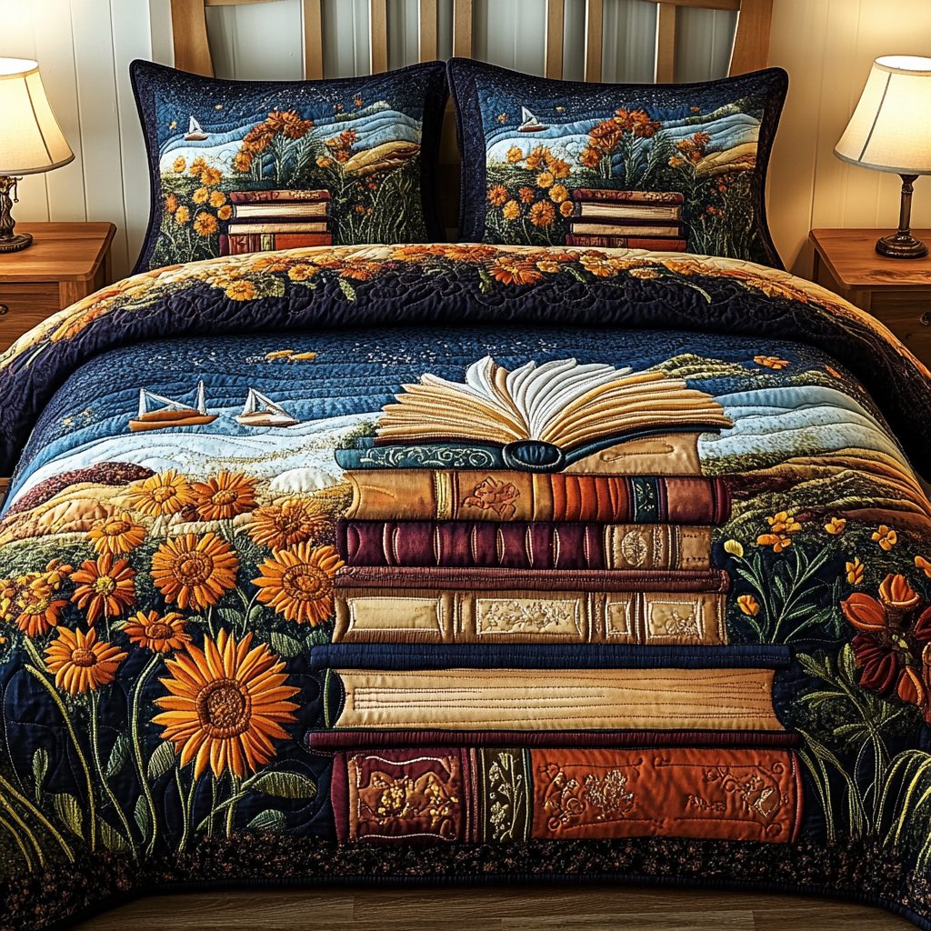 Midnight Tales quilted 3-piece bedding set on a made bed with two matching pillow shams