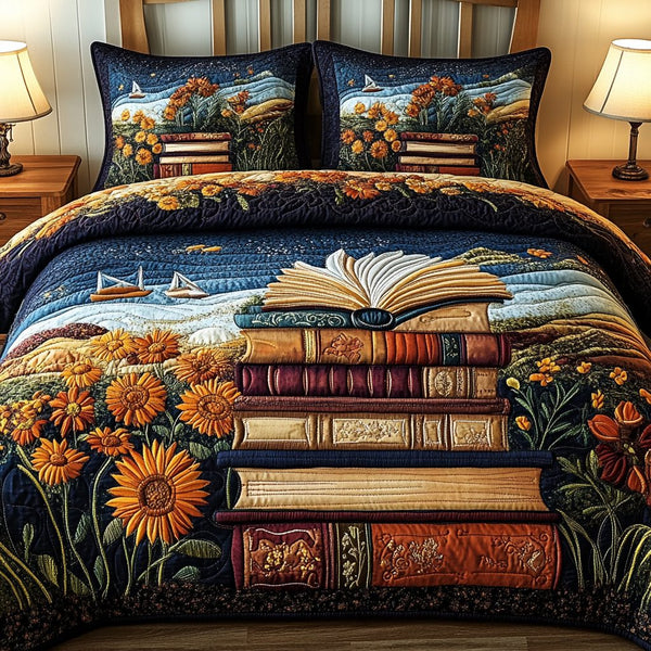 Midnight Tales quilted 3-piece bedding set on a made bed with two matching pillow shams