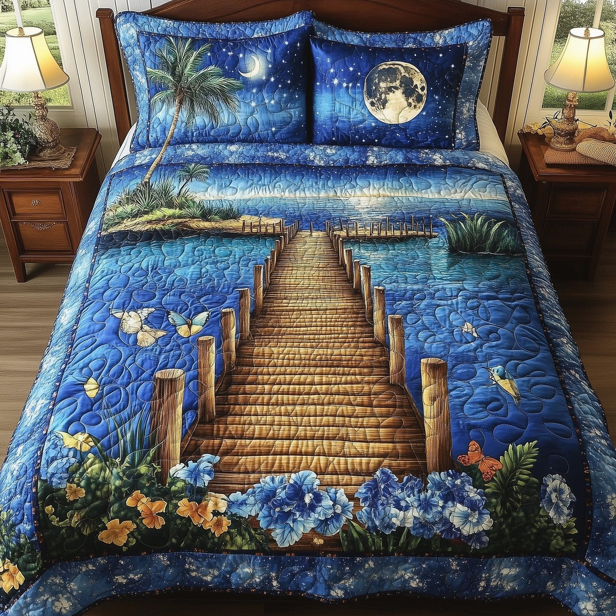 Midnight Tidewalk quilted 3-piece bedding set on a made bed with two matching pillow shams