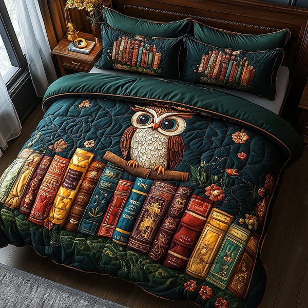 Midnight Tome quilted 3-piece bedding set on a made bed with two matching pillow shams