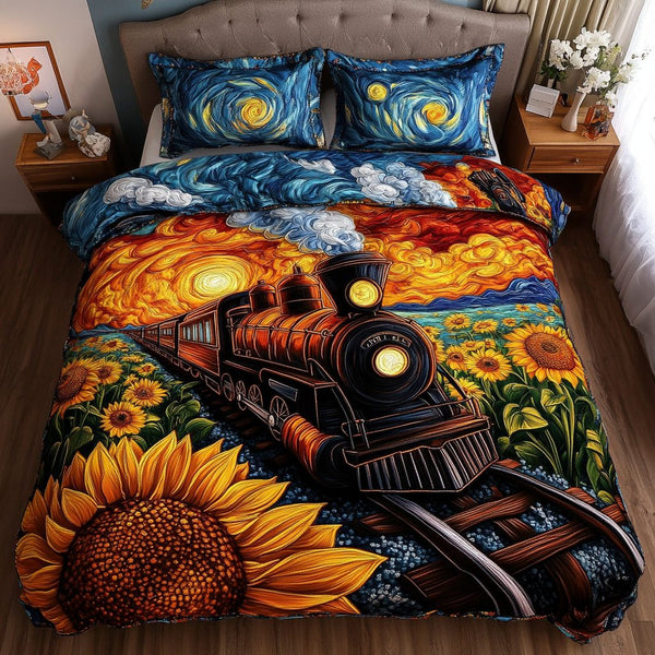 Midnight Train quilted 3-piece bedding set on a made bed with two matching pillow shams