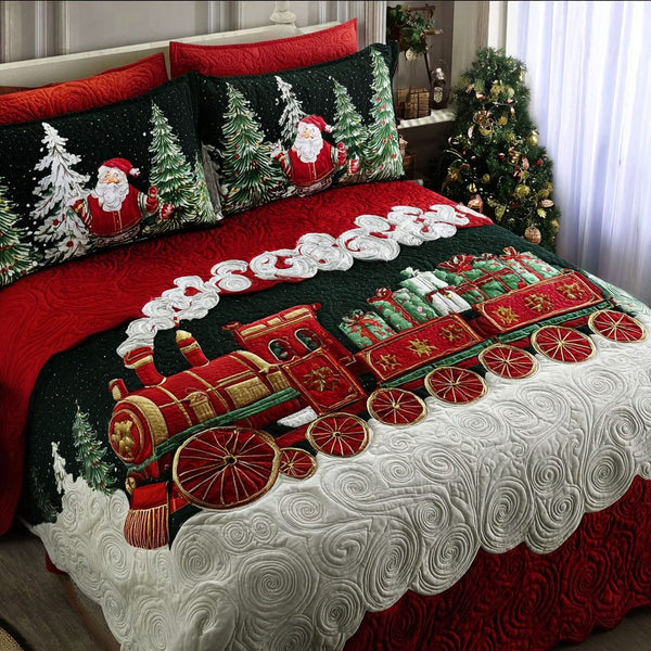 Midnight Train quilted 3-piece bedding set on a made bed with two matching pillow shams
