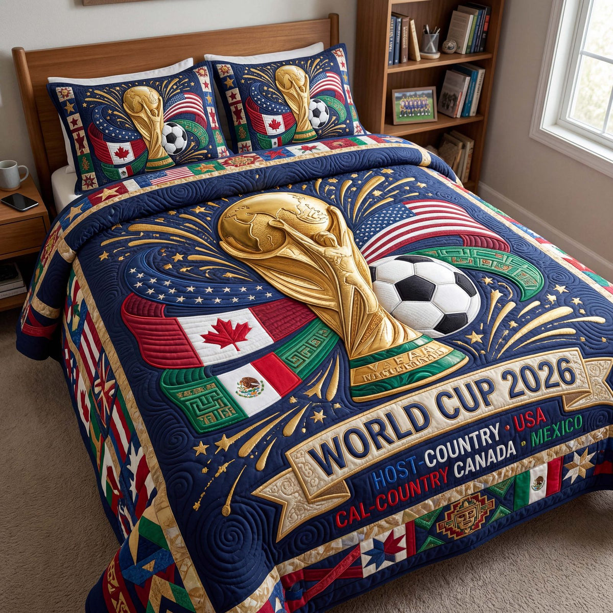 Midnight Victory quilted 3-piece bedding set on a made bed with two matching pillow shams