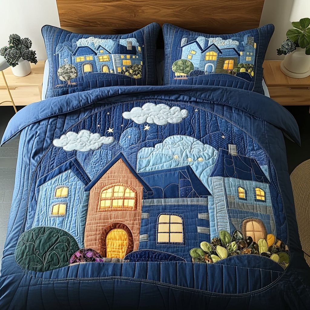 Midnight Village quilted 3-piece bedding set on a made bed with two matching pillow shams