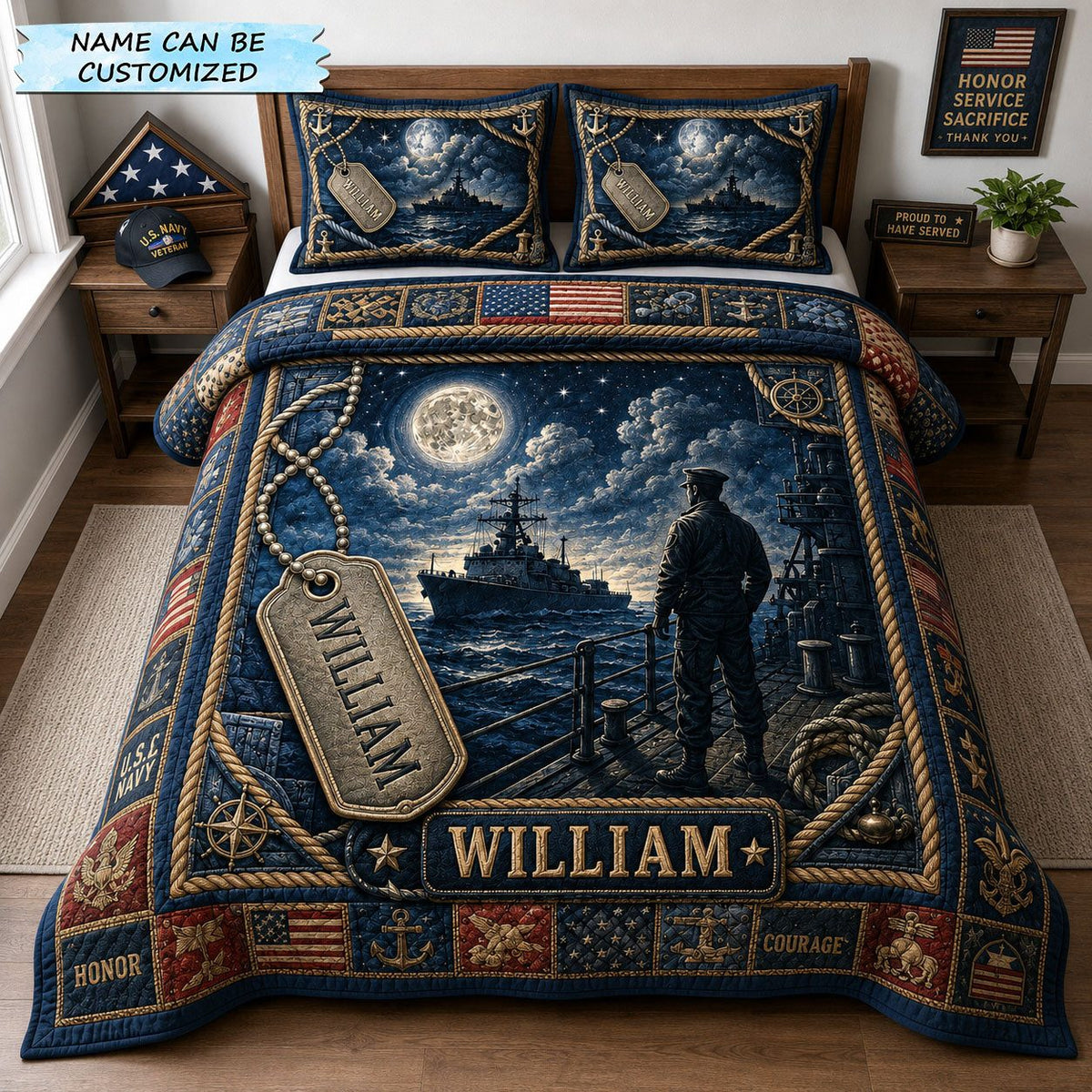 Midnight Watch Usa Veterans quilted 3-piece bedding set on a made bed in a warmly lit bedroom