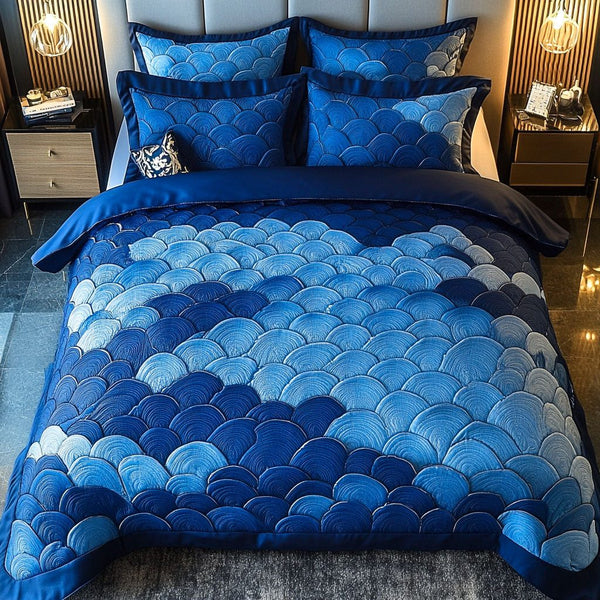 Midnight Waves quilted 3-piece bedding set on a made bed in a light coastal bedroom