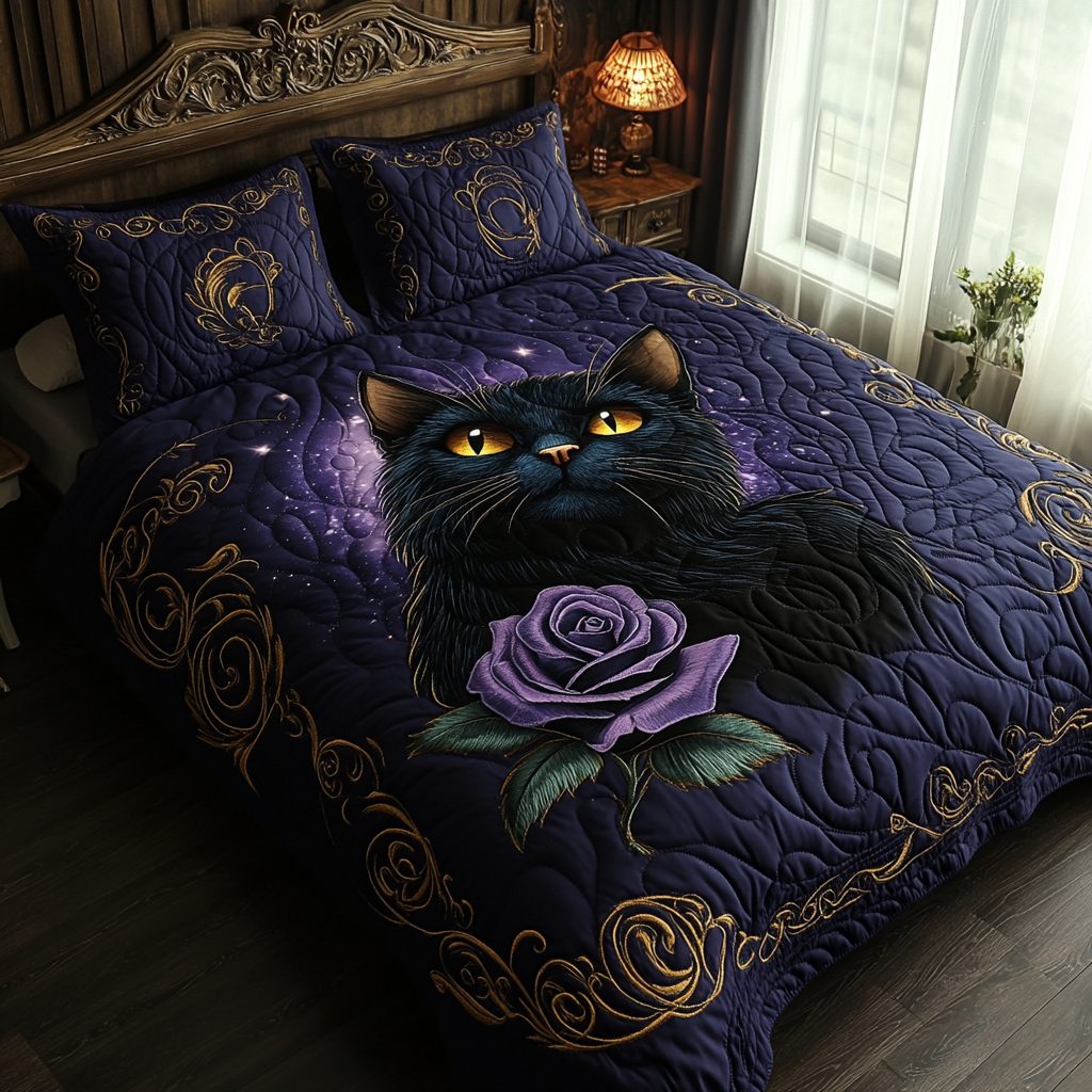 Midnight Whiskers quilted 3-piece bedding set on a made bed with two matching pillow shams