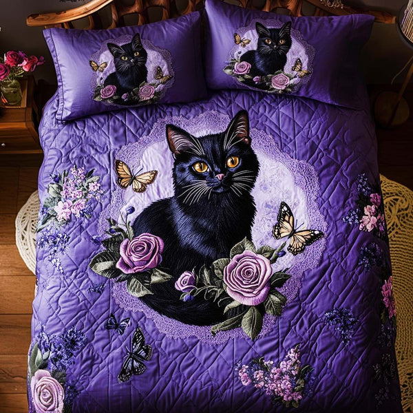 Midnight Whiskers quilted 3-piece bedding set on a made bed with two matching pillow shams
