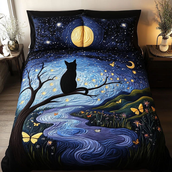 Midnight Whiskers quilted 3-piece bedding set on a made bed with two matching pillow shams