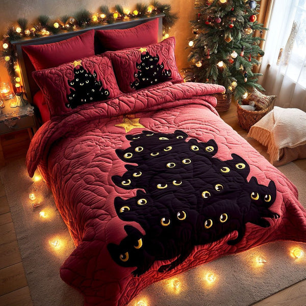 Midnight Whiskers quilted 3-piece bedding set on a made bed with two matching pillow shams
