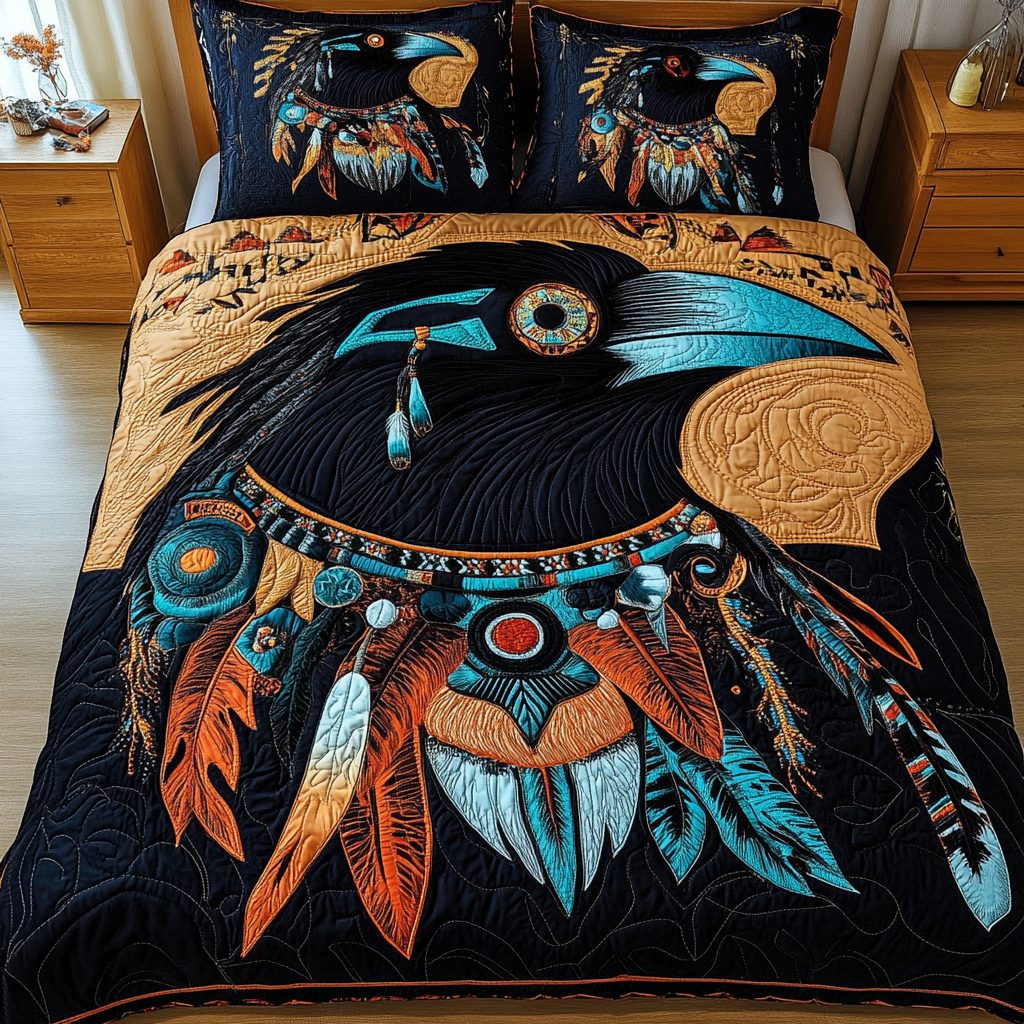 Midnight Wings quilted 3-piece bedding set on a made bed with two matching pillow shams