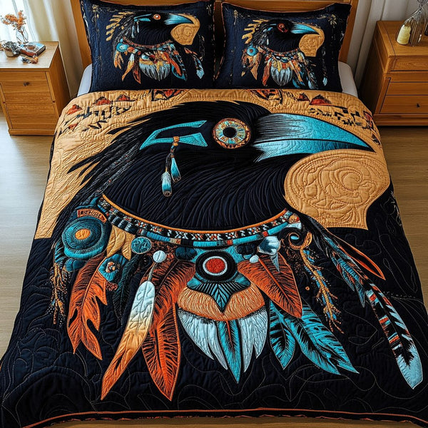 Midnight Wings quilted 3-piece bedding set on a made bed with two matching pillow shams