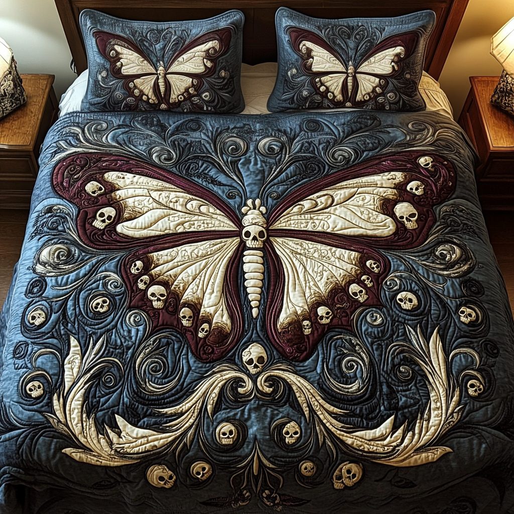 Midnight Wings quilted 3-piece bedding set on a made bed with two matching pillow shams