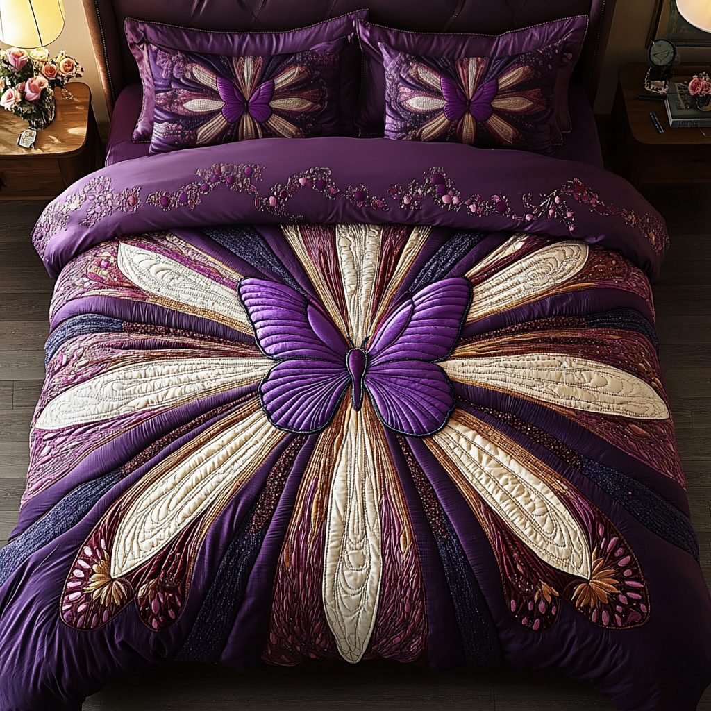 Midnight Wings quilted 3-piece bedding set on a made bed with two matching pillow shams