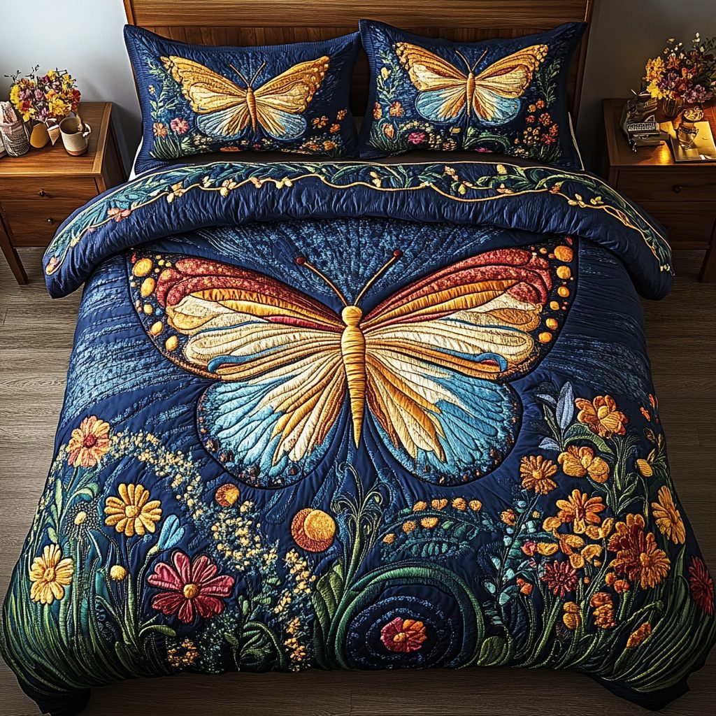 Midnight Wings quilted 3-piece bedding set on a made bed with two matching pillow shams