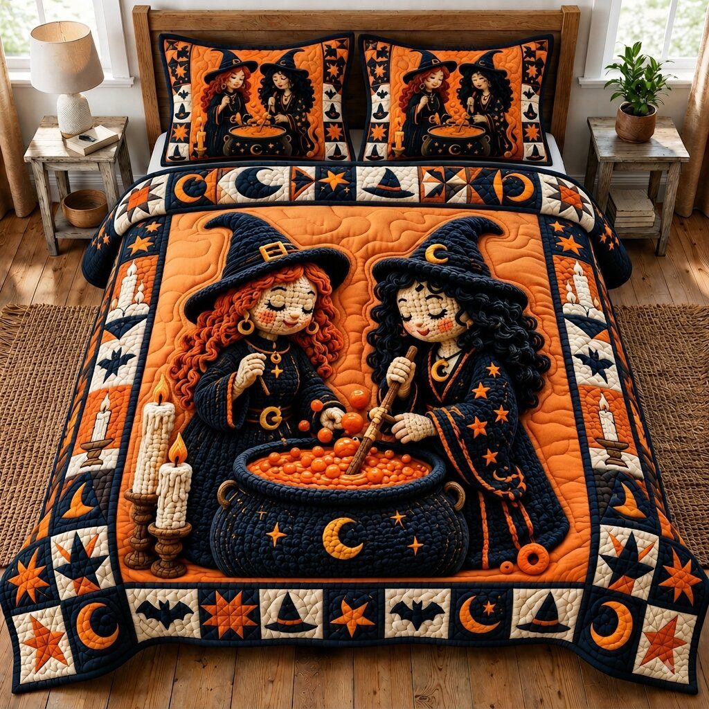Midnight Witch quilted 3-piece bedding set on a made bed against a dark styled interior
