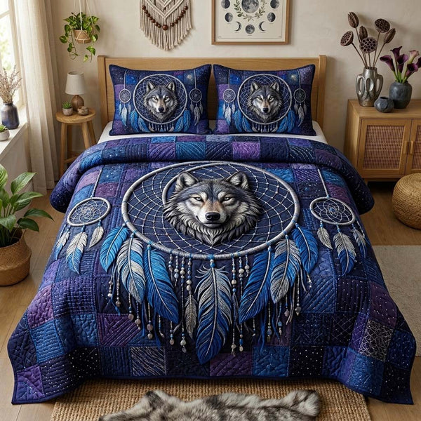 Midnight Wolf quilted 3-piece bedding set on a made bed with two matching pillow shams