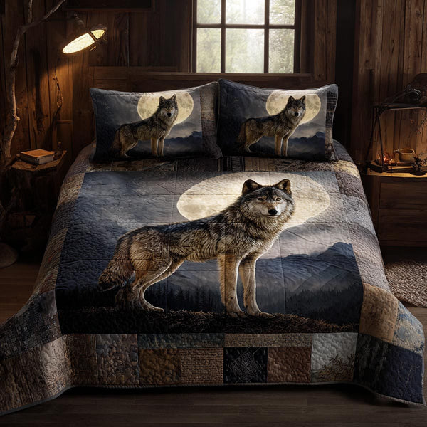 Midnight Wolf quilted 3-piece bedding set on a made bed with two matching pillow shams