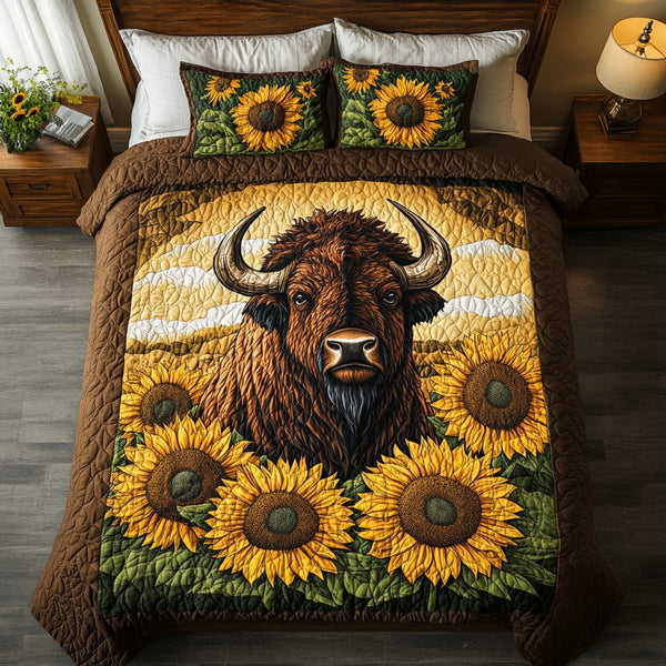 Mighty Bison quilted 3-piece bedding set on a made bed in a rustic timber bedroom
