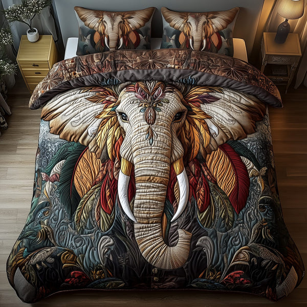 Mighty Elephant quilted 3-piece bedding set on a made bed with two matching pillow shams