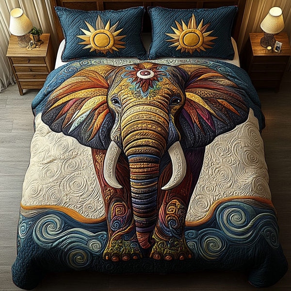 Mighty Elephant quilted 3-piece bedding set on a made bed with two matching pillow shams