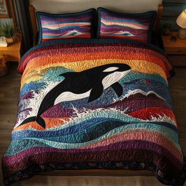 Mighty Fin quilted 3-piece bedding set on a made bed with two matching pillow shams