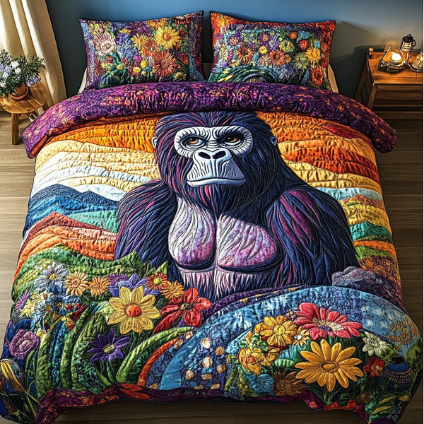 Mighty Gorilla quilted 3-piece bedding set on a made bed with two matching pillow shams