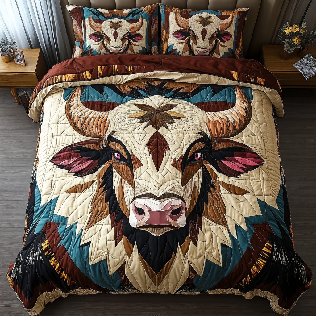 Mighty Horns quilted 3-piece bedding set on a made bed with two matching pillow shams