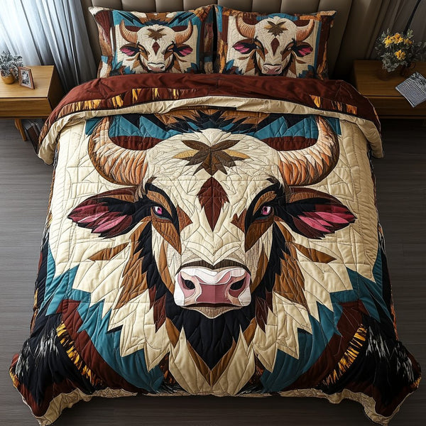 Mighty Horns quilted 3-piece bedding set on a made bed with two matching pillow shams