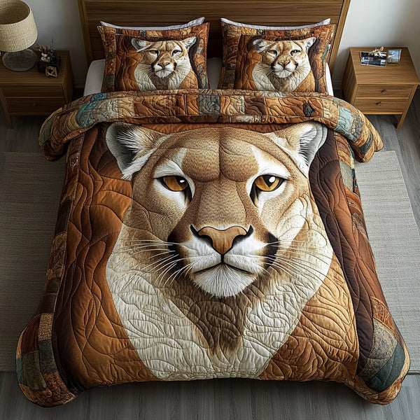 Mighty Lion Gaze quilted 3-piece bedding set on a made bed with two matching pillow shams