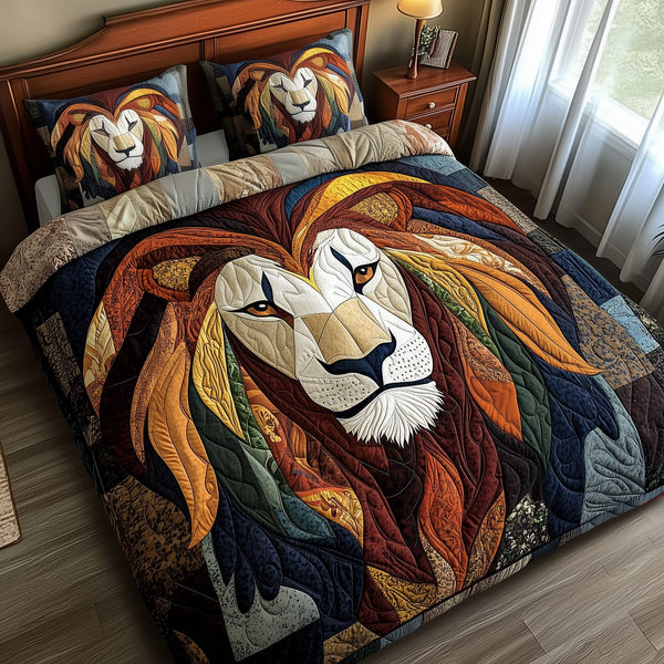 Mighty Lion quilted 3-piece bedding set on a made bed with two matching pillow shams