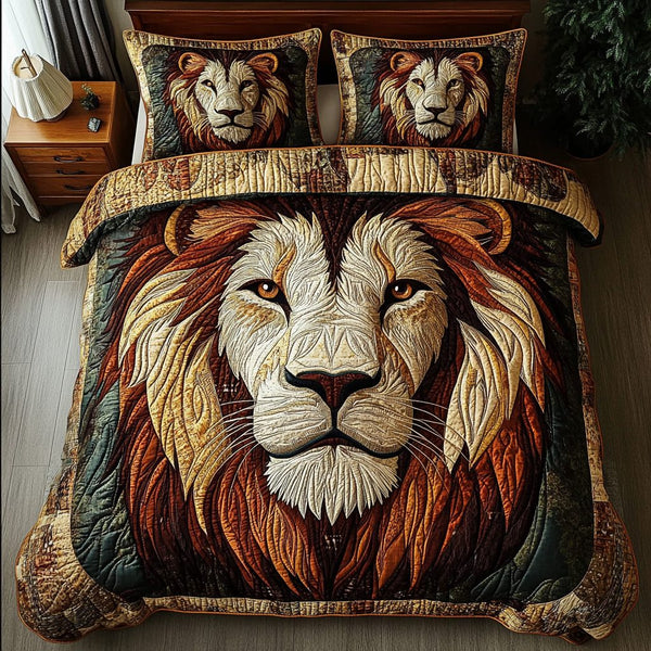 Mighty Lion quilted 3-piece bedding set on a made bed with two matching pillow shams