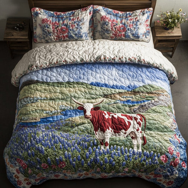 Mighty Longhorn Cow quilted 3-piece bedding set on a made bed in a rustic timber bedroom
