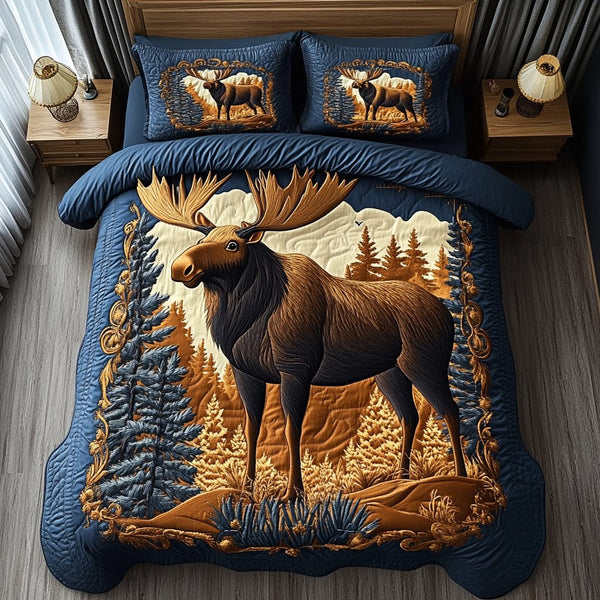 Mighty Moose quilted 3-piece bedding set on a made bed with two matching pillow shams