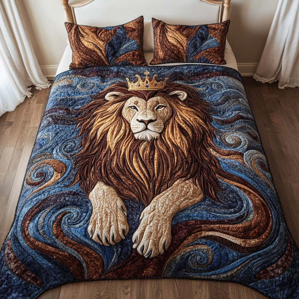 Mighty Roar quilted 3-piece bedding set on a made bed with two matching pillow shams