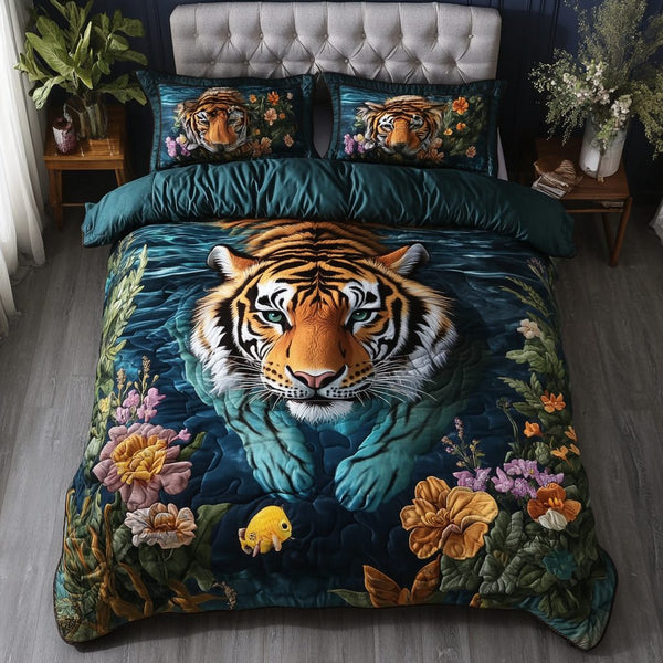 Mighty Tiger quilted 3-piece bedding set on a made bed with two matching pillow shams