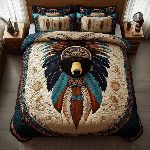 Mighty Totem Bear quilted 3-piece bedding set on a made bed with two matching pillow shams