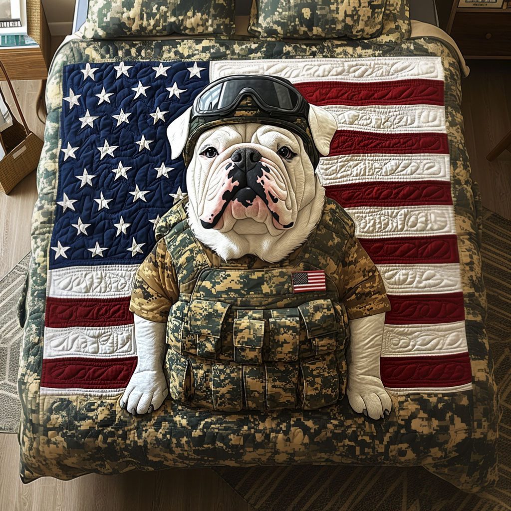 Military Heritage quilted 3-piece bedding set on a made bed in a warmly lit bedroom