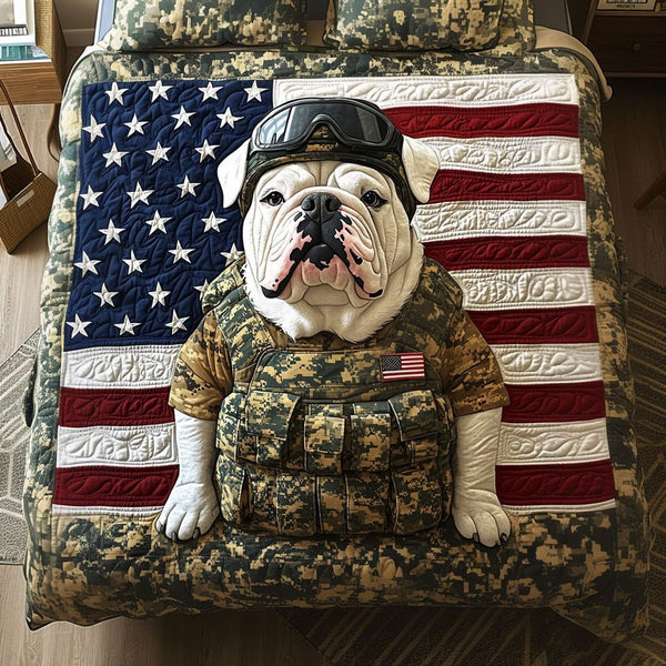Military Heritage quilted 3-piece bedding set on a made bed in a warmly lit bedroom