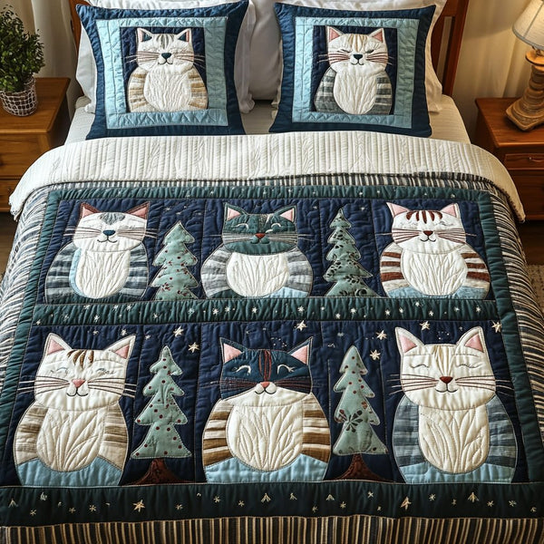 Milky Way Meows quilted 3-piece bedding set on a made bed with two matching pillow shams