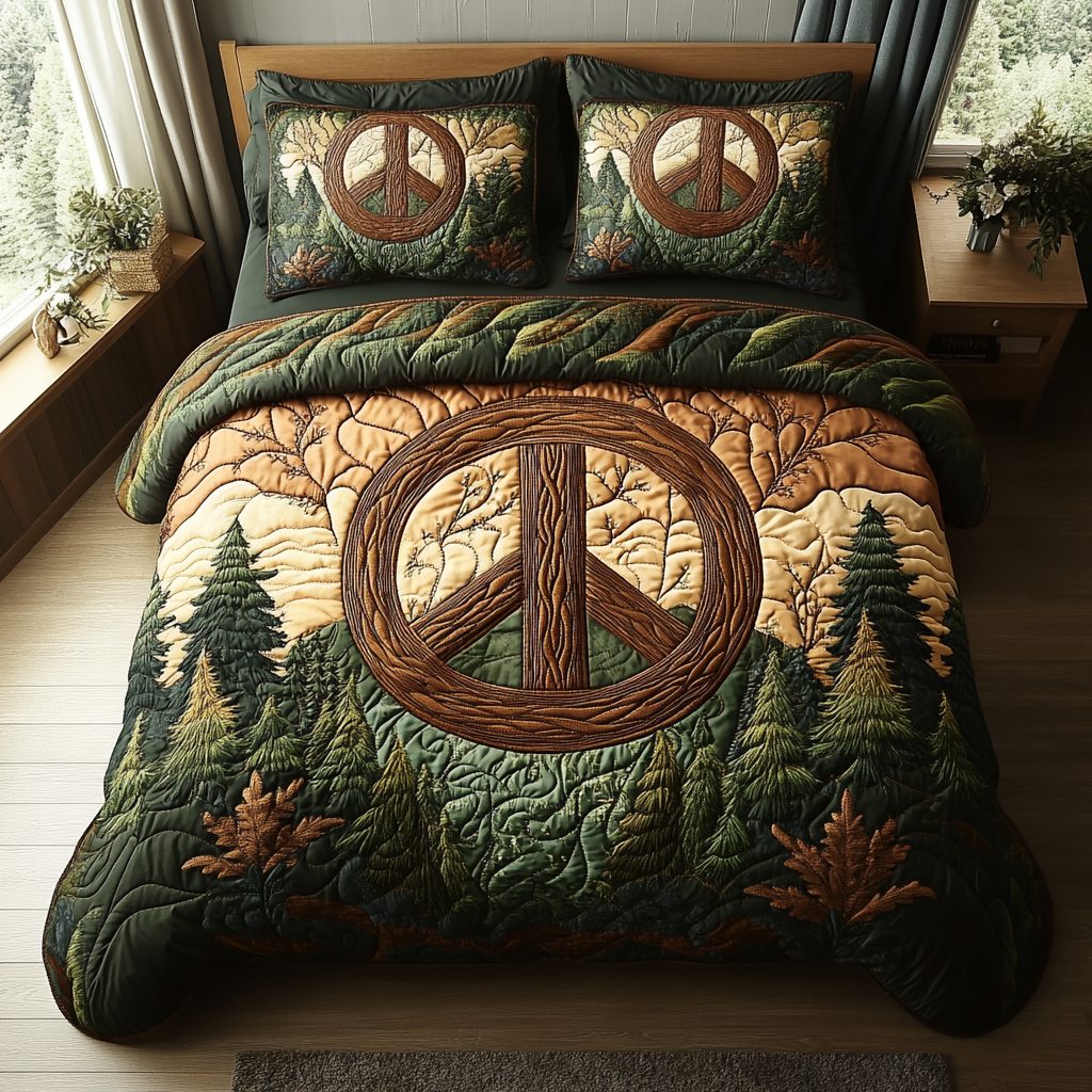 Mindful Forest Journey quilted 3-piece bedding set on a made bed with two matching pillow shams