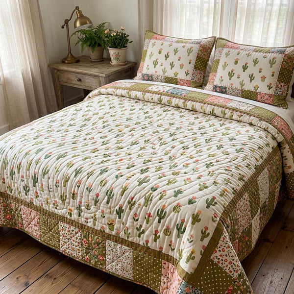Mini Cactus Garden quilted 3-piece bedding set on a made bed with two matching pillow shams