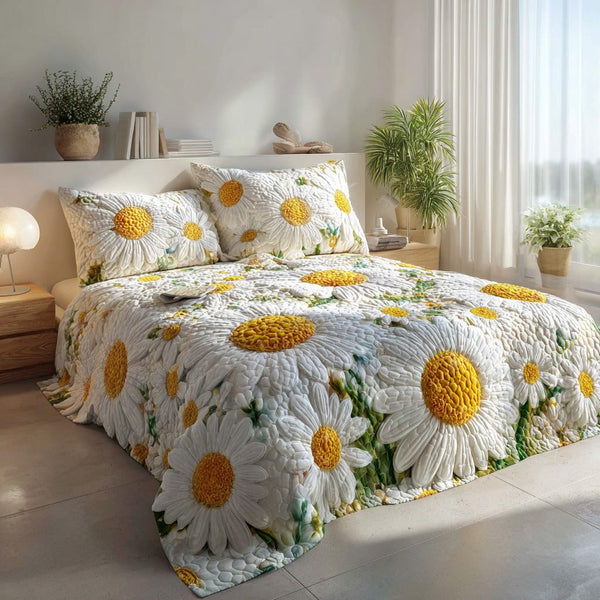 Minimal Daisy Bloom quilted 3-piece bedding set on a made bed with two matching pillow shams