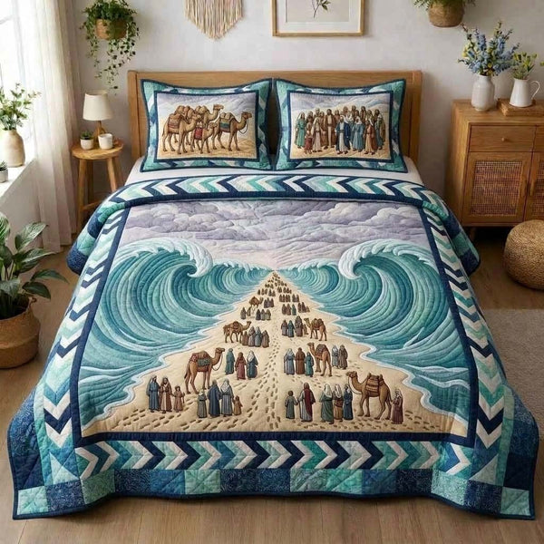 Miracle Sea Path quilted 3-piece bedding set on a made bed in a light coastal bedroom